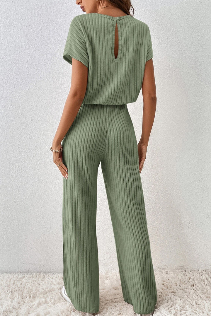 Grass Green Solid Color Ribbed Short Sleeve Wide Leg Jumpsuit | Women