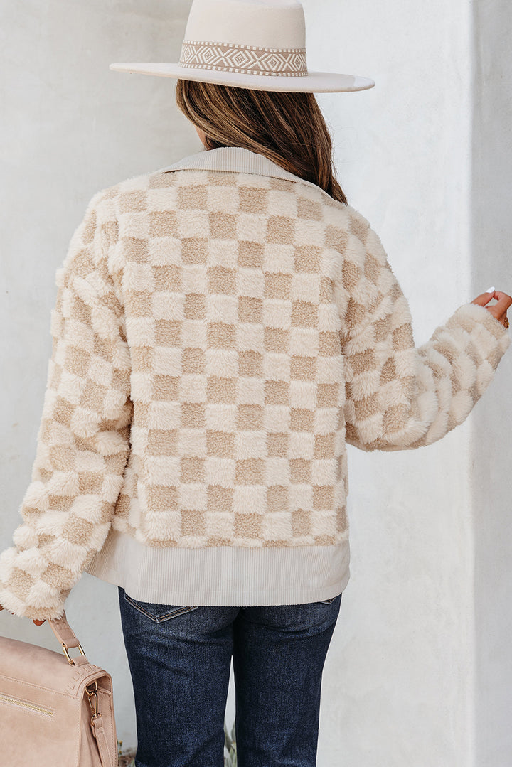 Khaki Checker Sherpa Corduroy Patchwork Zip up Collared Jacket