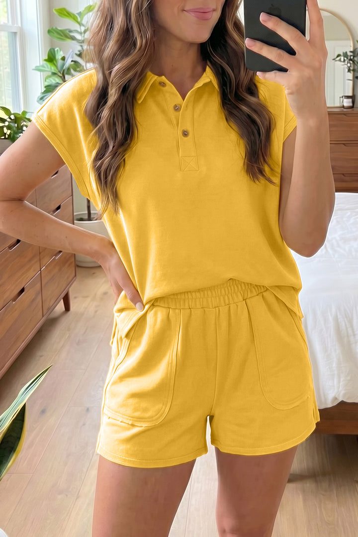 Light Green Loose Polo Tee Elastic Waist 2pcs Short Set