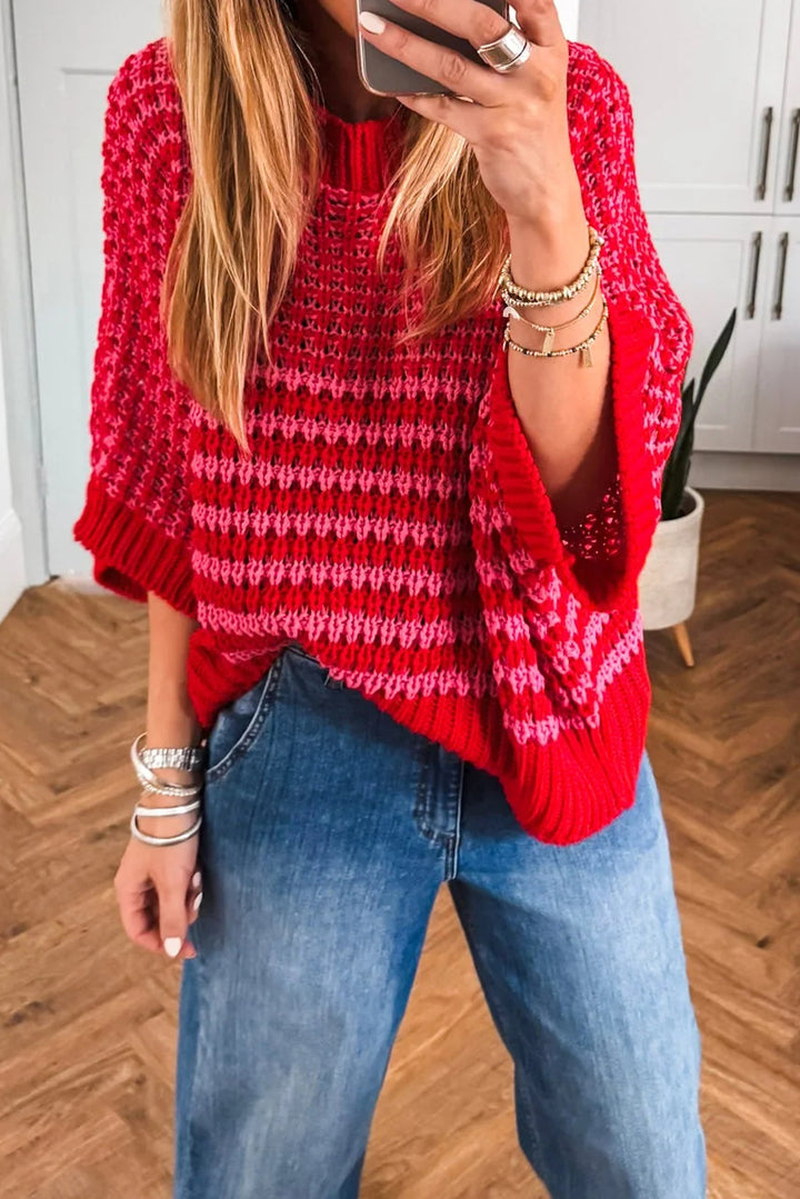 Red Stripe 3/4 Draped Sleeve Slouchy Sweater