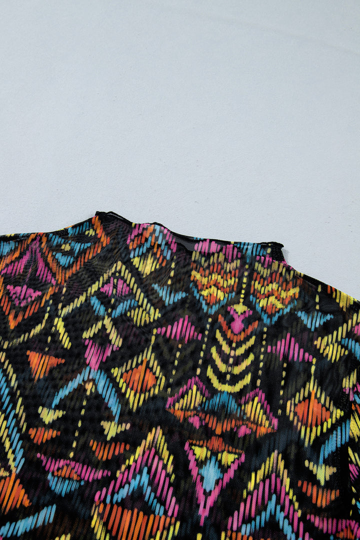 Color black Abstract Print Long Sleeve Stand Neck Mesh Top