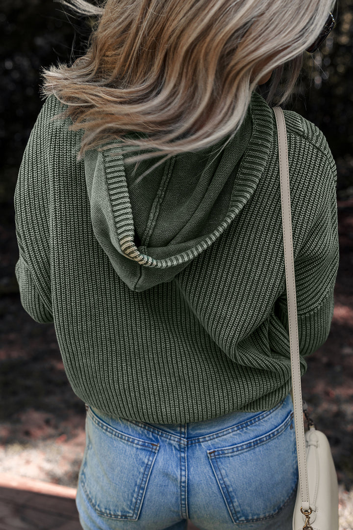 Mist Green Mineral Wash Ribbed Knit Drawstring Hooded Sweater