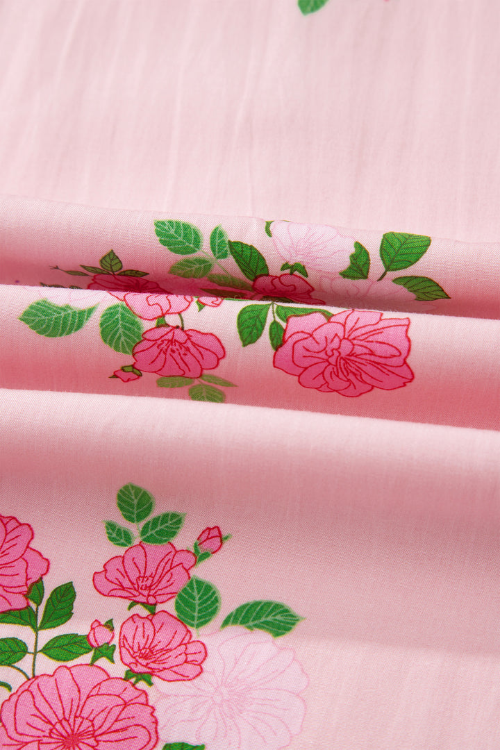 Pink Notched Neck Flutter Short Sleeve Floral Print Maxi Dress