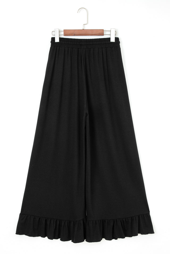 Black Ruffled Wide Leg Pull On High Waist Pants with Pockets