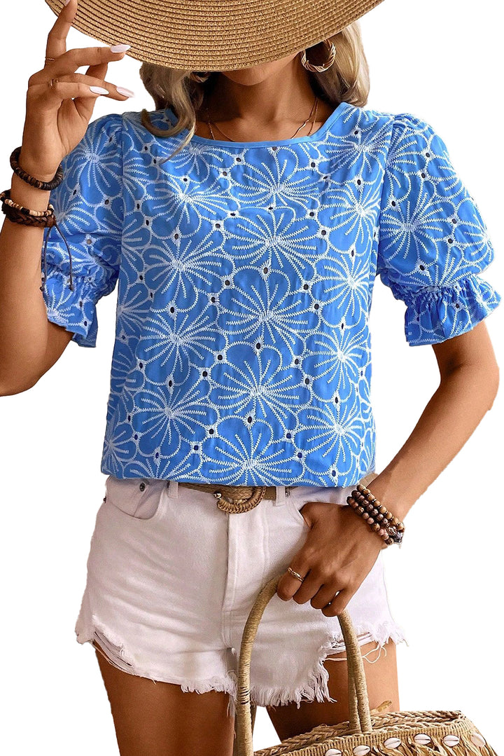 Sky Blue Eyelet Flower Embroidery Frilled Short Puff Sleeve Blouse