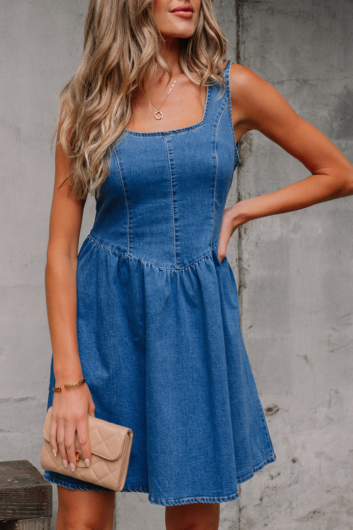 Sail Blue Square Neck Bowknot A-line Sleeveless Denim Dress