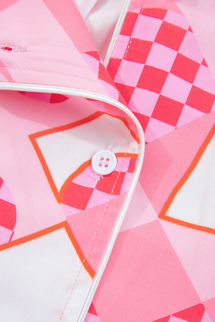 Pink Heart Print Shirt Style Silky Short Pajama Set
