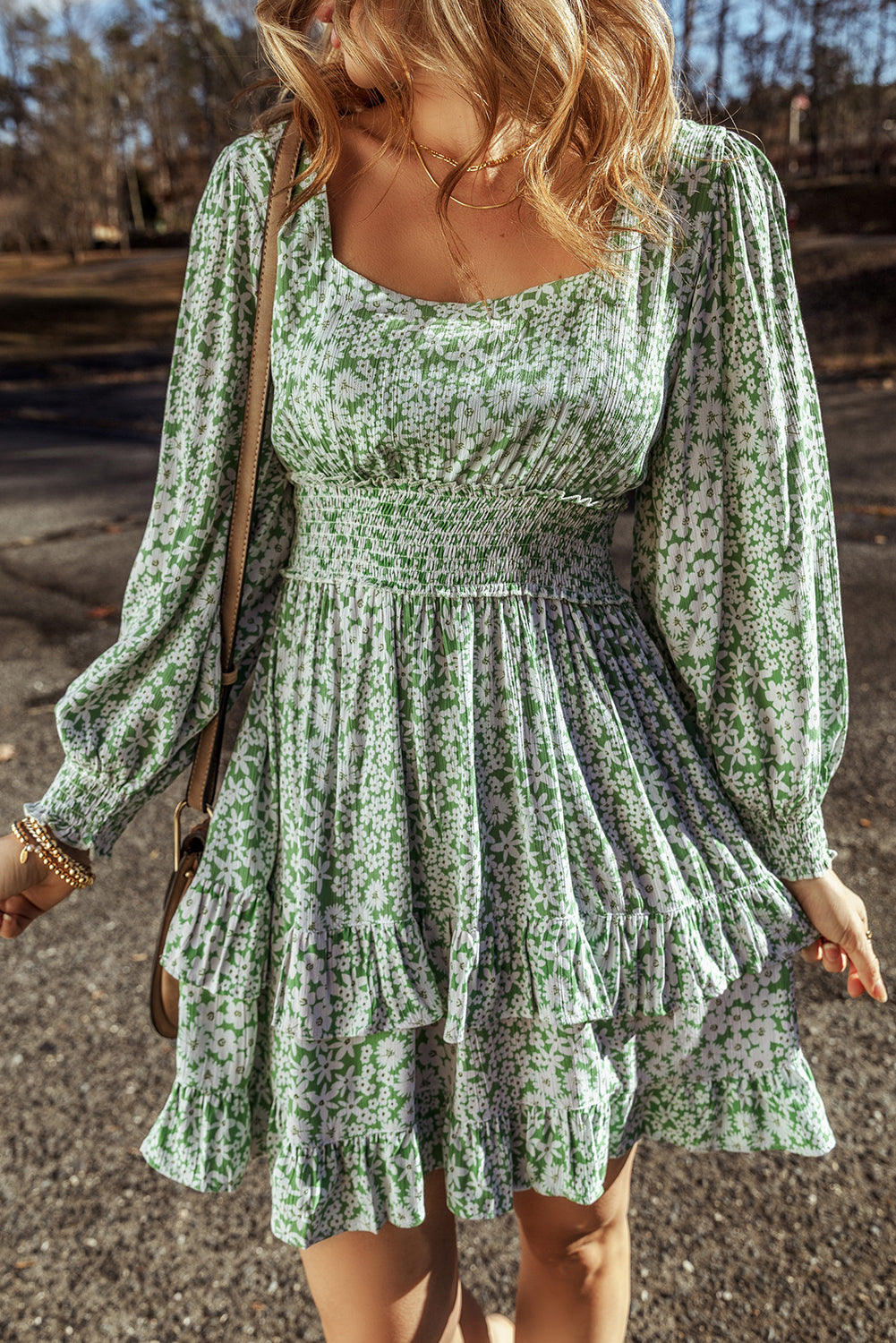 Green Floral Print Square Neck Shirred Waist Tiered Ruffled Mini Dress | Women