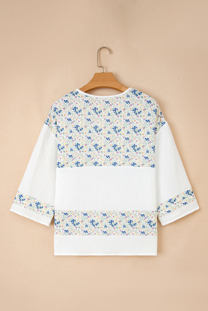 Sky Blue Floral Print Gauze Patchwork Henley Button 3/4 Sleeve Blouse