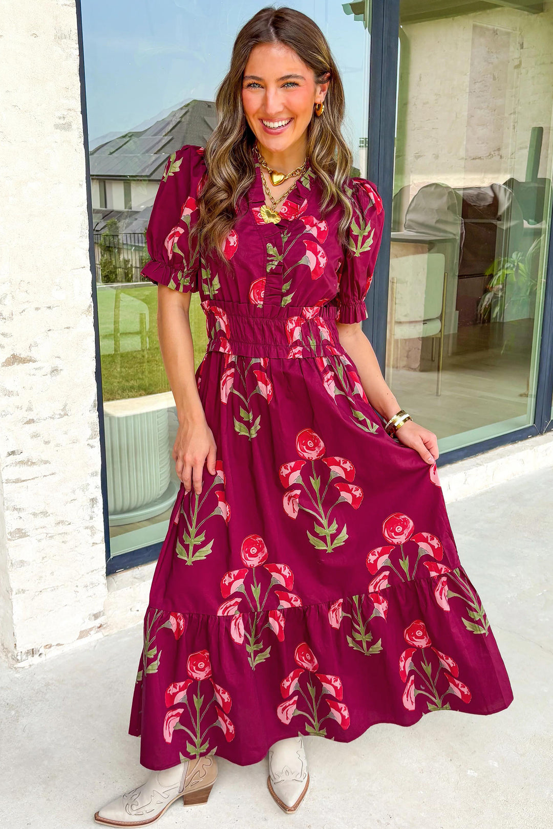 Red Floral Print Frilled V Neck Short Sleeve Ruffle Maxi Dress