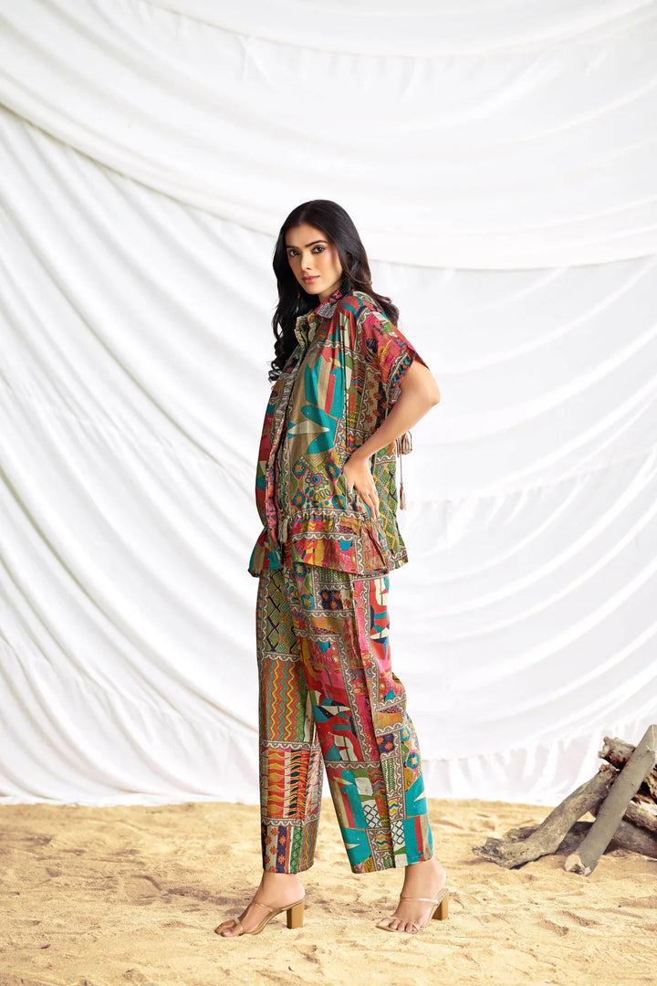 Beige Collered Neck Printed Chanderi Co-Ord Set