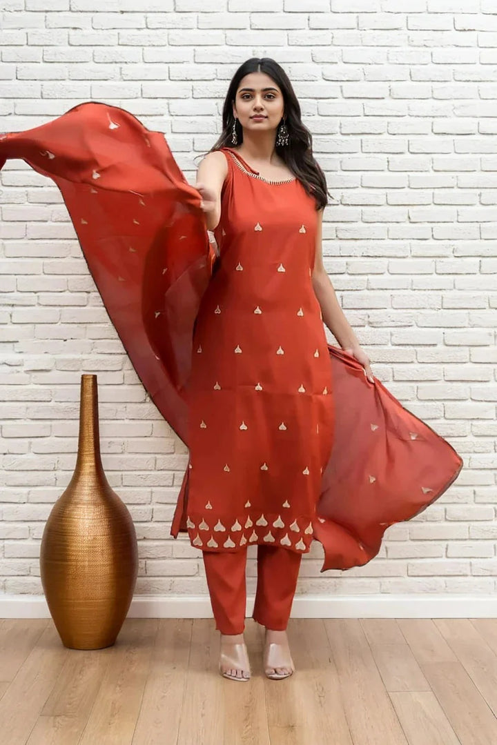 Rust Orange Embroidered Kurta Set with Chiffon Dupatta