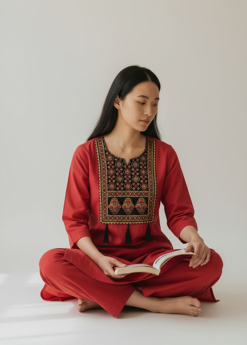 Embroidered Yoke Red Kurta Set with Straight Pants