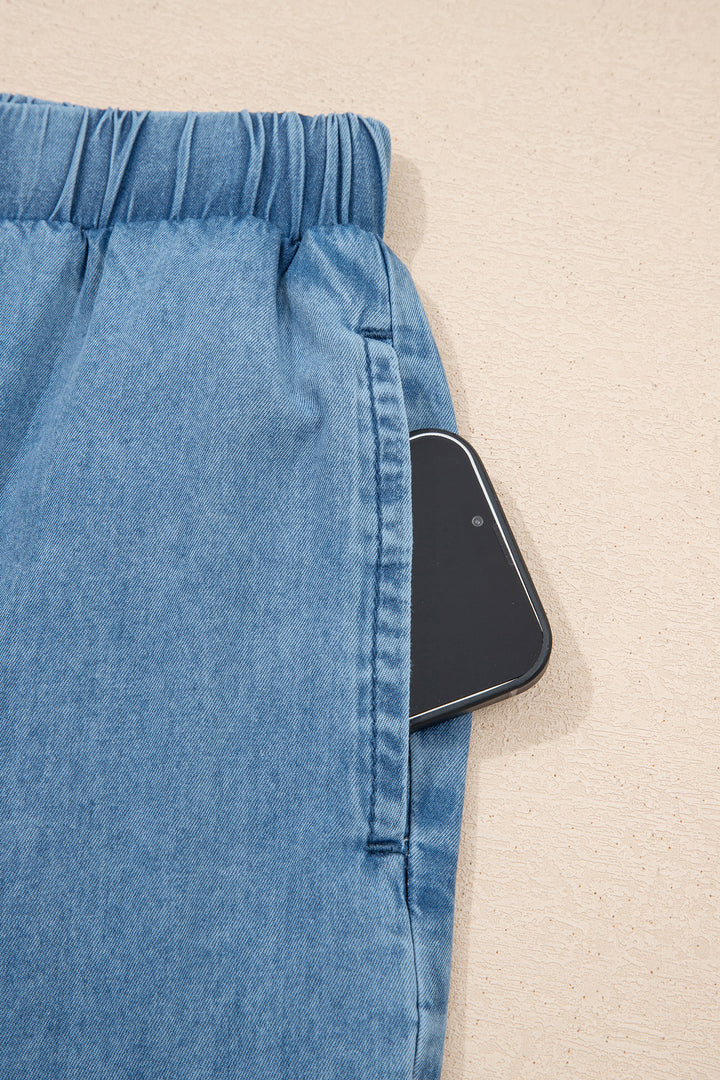 Dusk Blue Ruffled Hem Wide Leg Chambray Pants