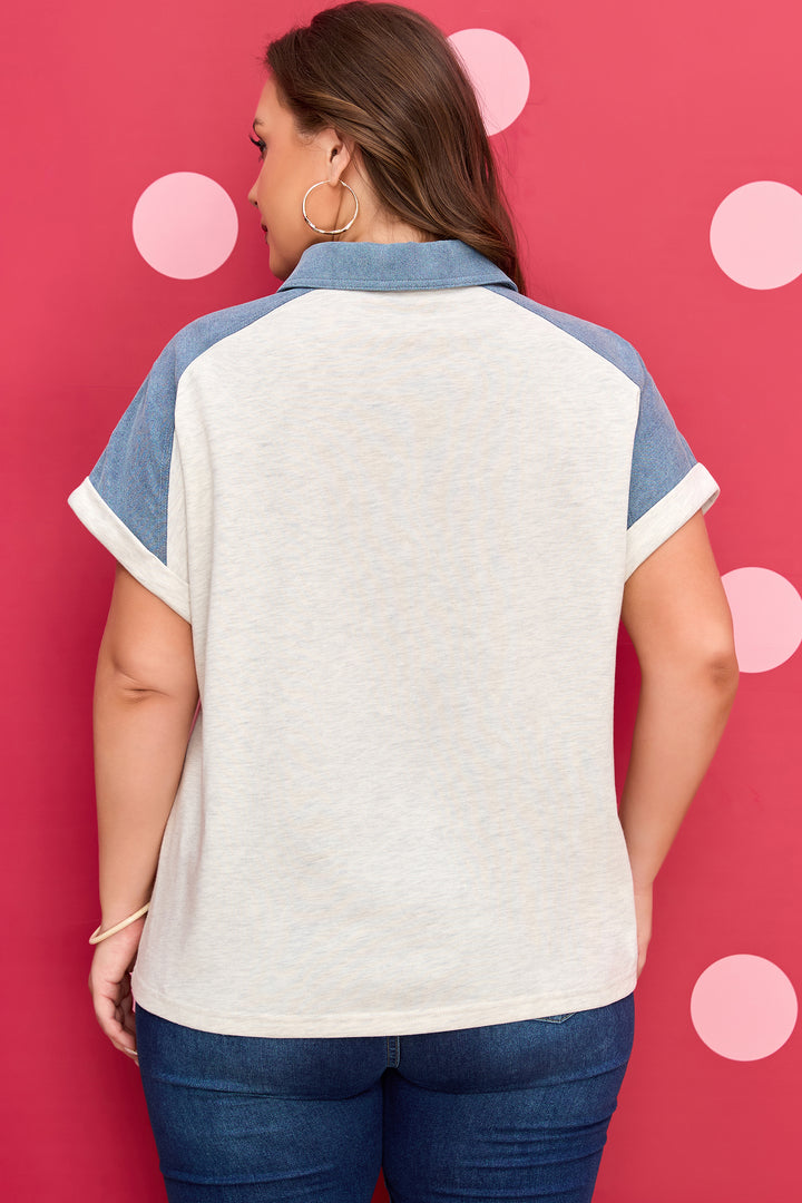 Beige Plus Size Contrast Denim Patchwork Cuffed Sleeve Polo Tee