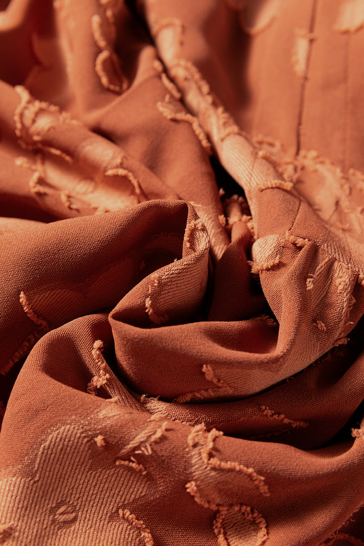 Cinnamon Plus Size Textured 3D Flower Pattern Ruffle Hem 3/4 Sleeve Long Dress