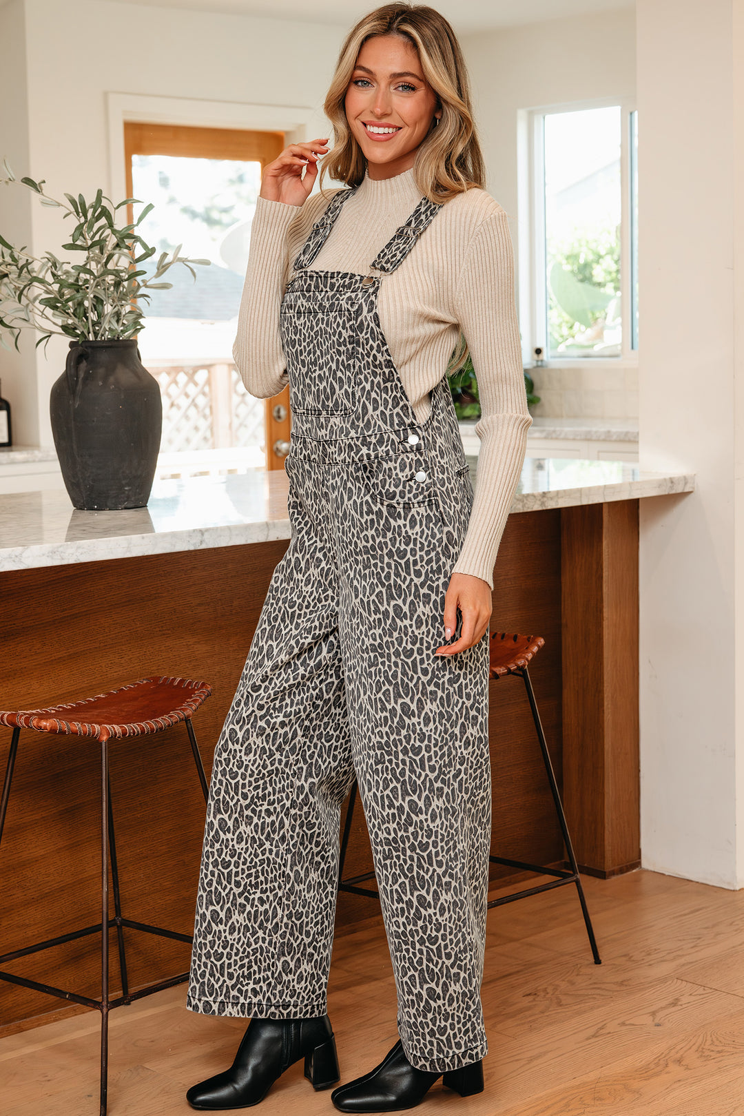 Brown Leopard Print Straight Leg Loose Denim Overall Jumpsuit
