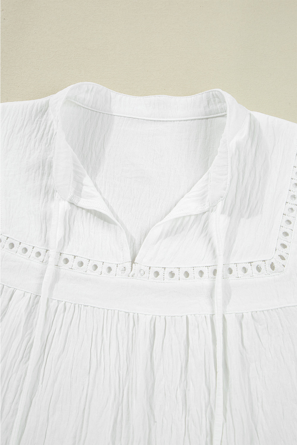 White Drawstring Lace Detail Puff Sleeve Split Neck Spring Fall Blouse