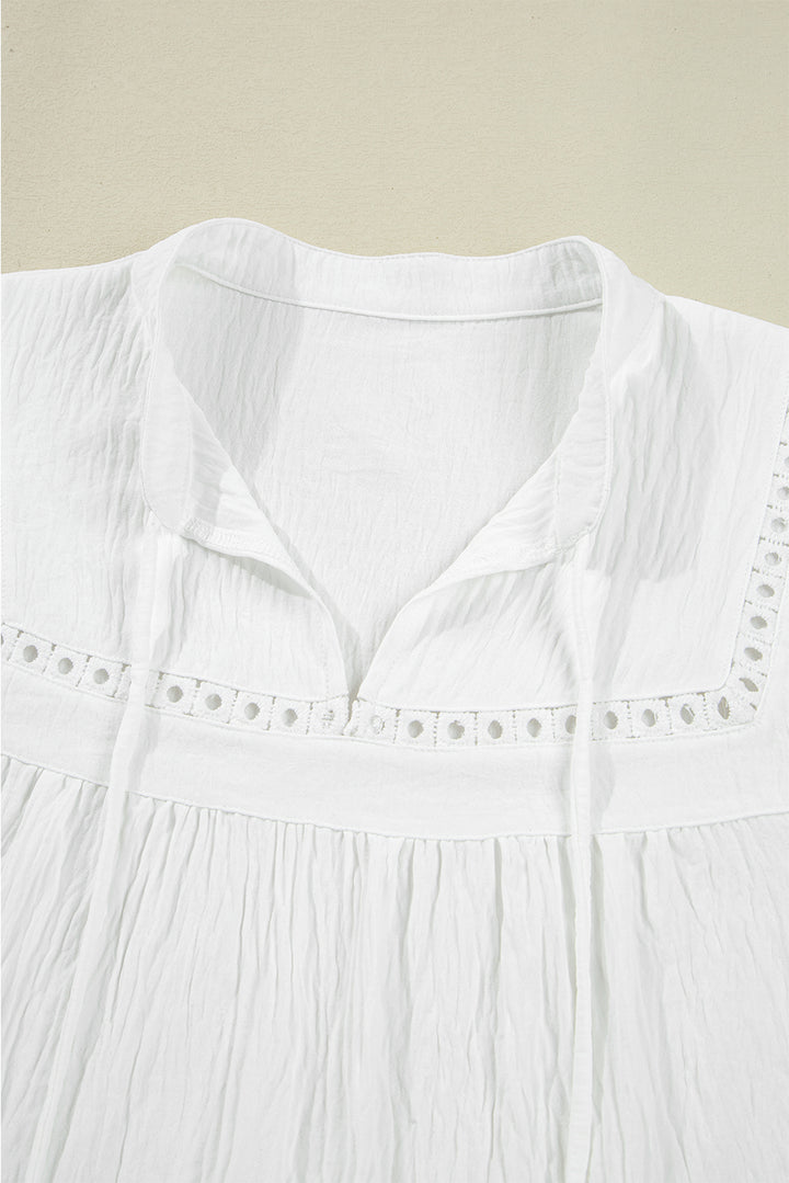 White Drawstring Lace Detail Puff Sleeve Split Neck Spring Fall Blouse