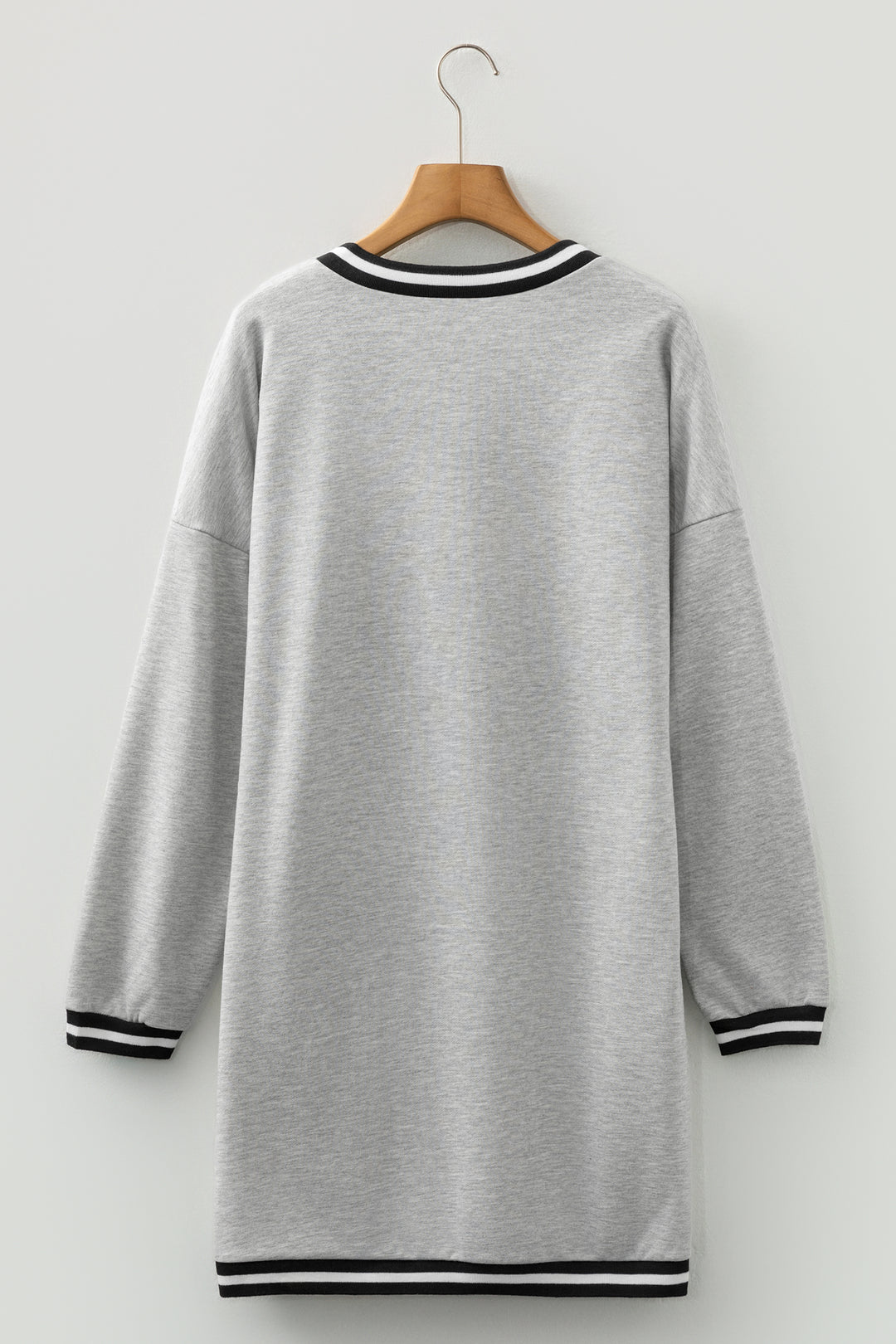 Light Grey Striped Trim V Neck Long Sleeve Preppy T Shirt Dress