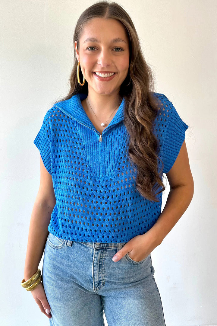 Sky Blue Solid Color Hollowed Knit Short Sleeve Zipper Collar Knitwear Top