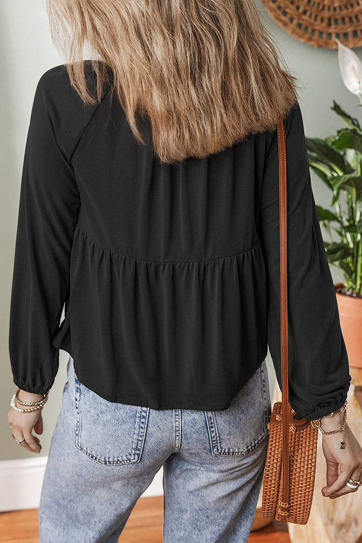 Cinnamon Smocked Bust Buttoned Split V Neck Flowy Blouse