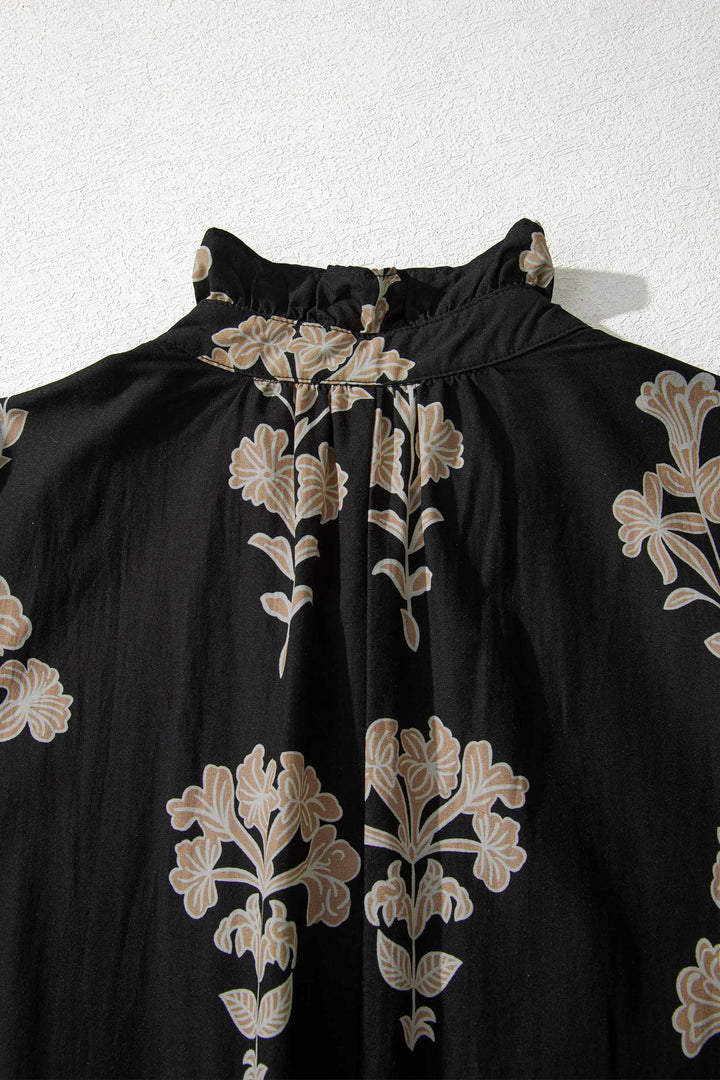 Black Floral Print Frilled Collar Short Puff Sleeve Maxi Dress