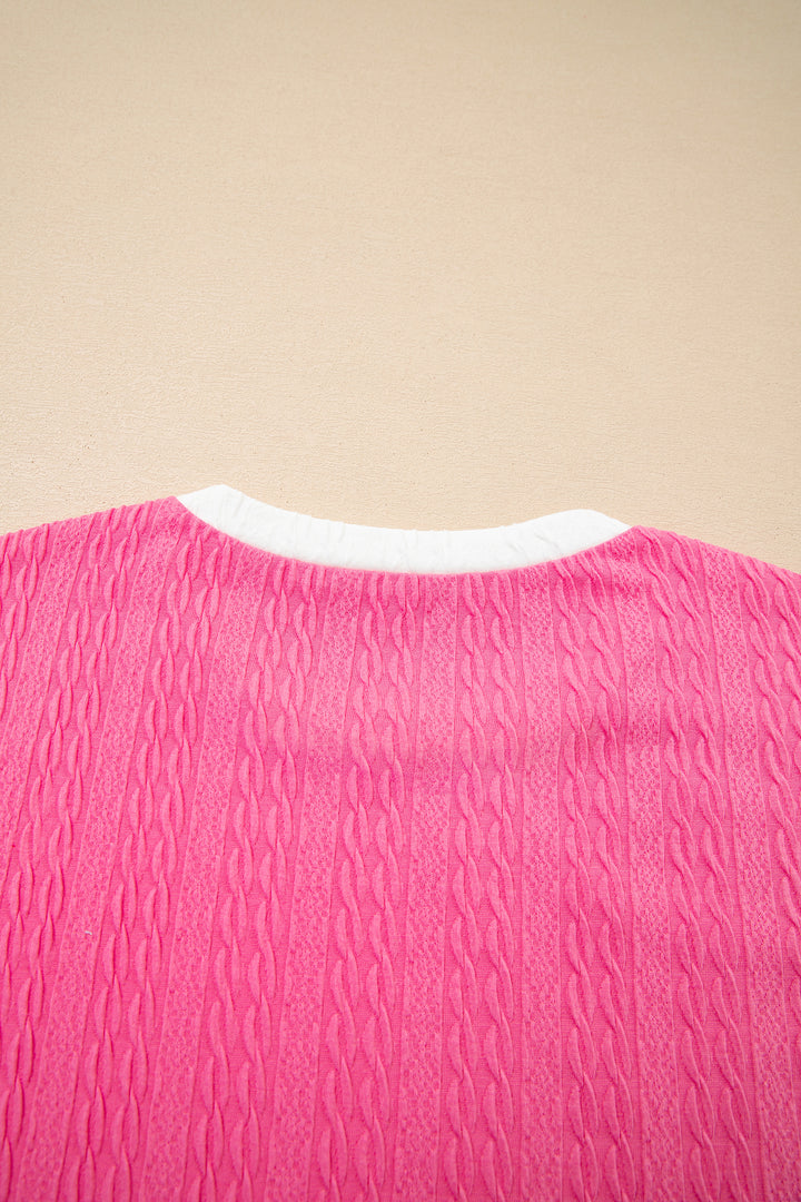 Bright Pink Textured Color Block Trim Loose Tee Drawstring Shorts 2pcs Set