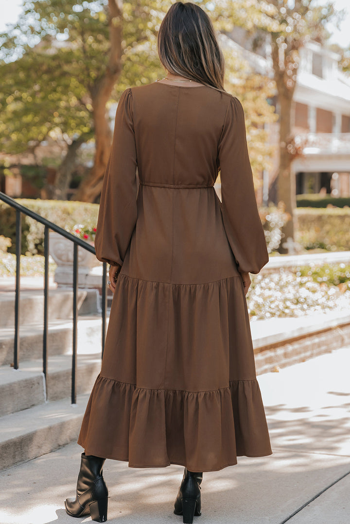 Chestnut Solid Long Sleeve Button V Neck Tiered Maxi Dress