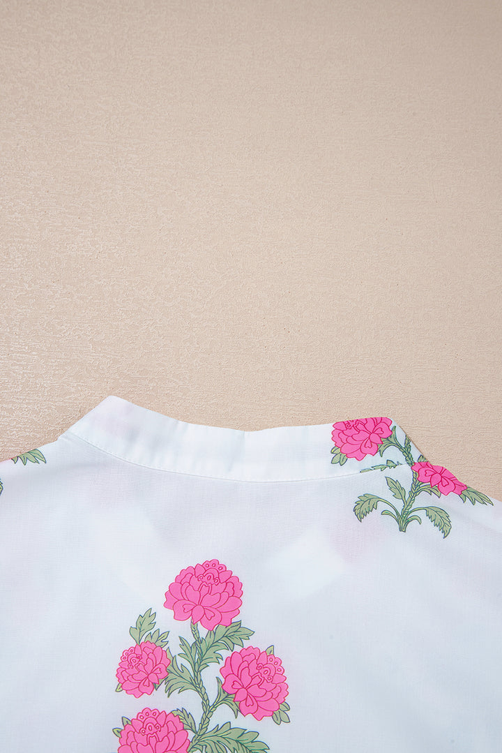 White Floral Print Half Button Mandarin Neck 3/4 Sleeve Maxi Dress