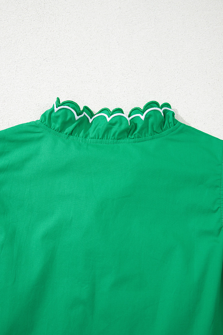 Bright Green Contrast Scallop Trim Layered Short Sleeve V Neck Blouse