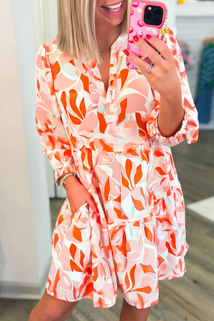 Orange Abstract Print Split Neck Long Sleeve Dress