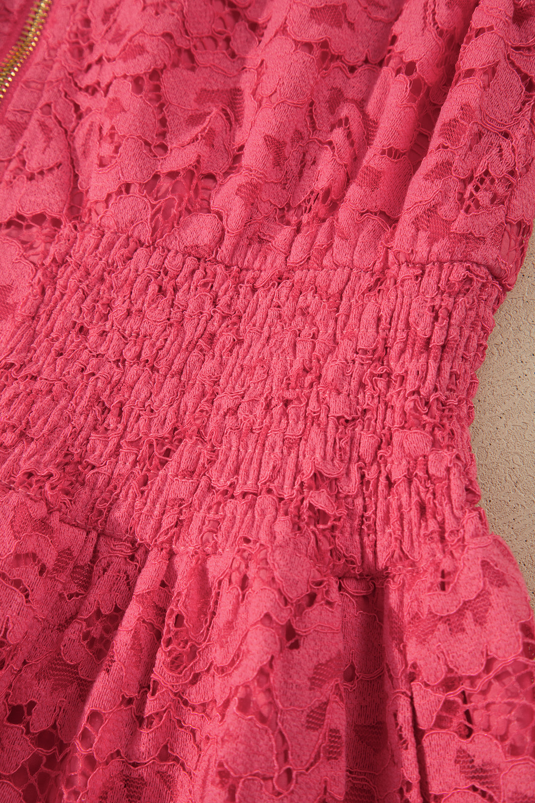 Coral Floral Lace Overlay Zip Up V Neck Smocked Waist Sleeveless Dress