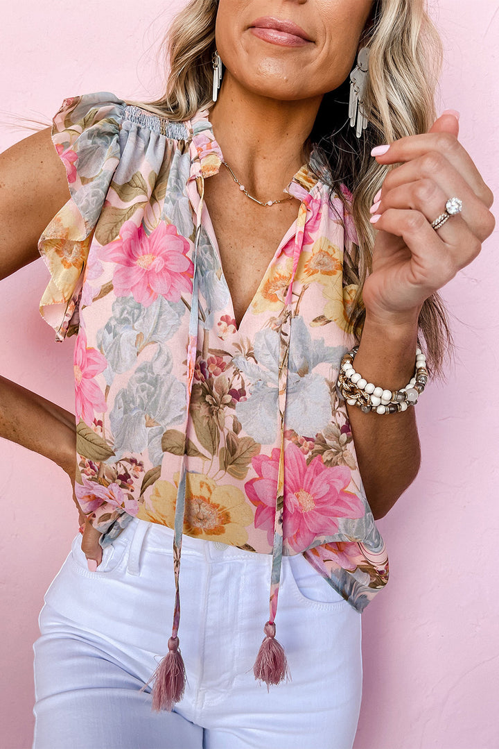 Pink Floral Print Tassel Tie Short Sleeve Blouse | Women