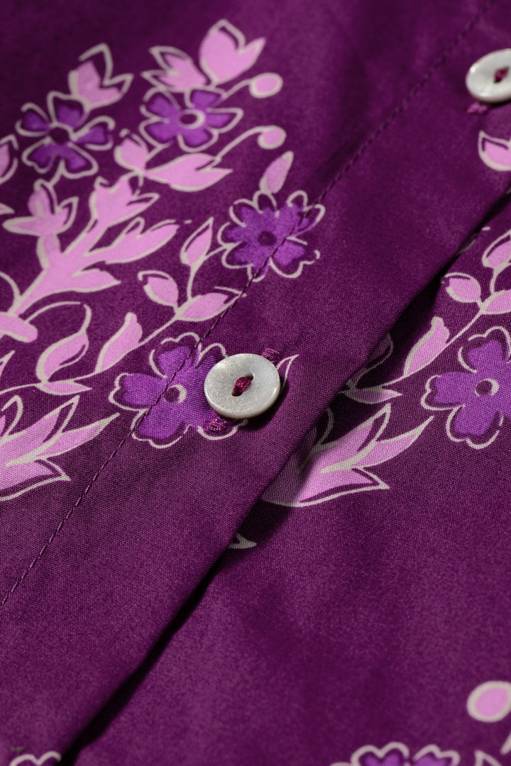 Purple Floral Print Button Front Long Puff Sleeve Shirt