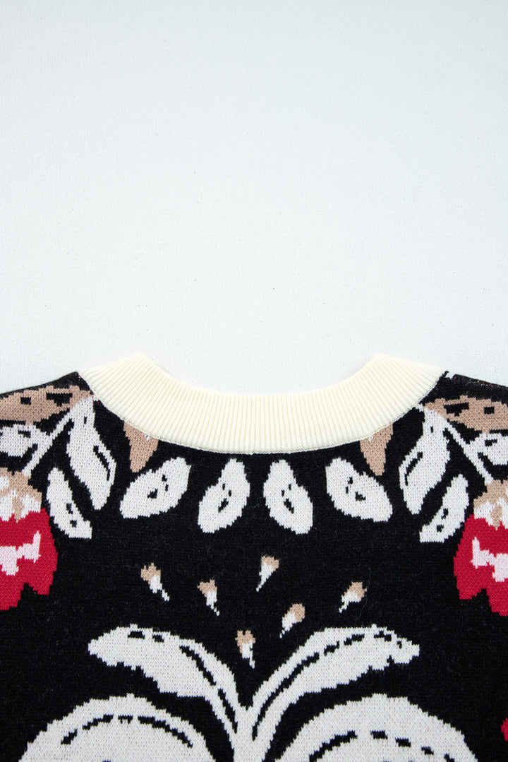 Black Floral Print Buttoned Front V Neck Knit Cardigan