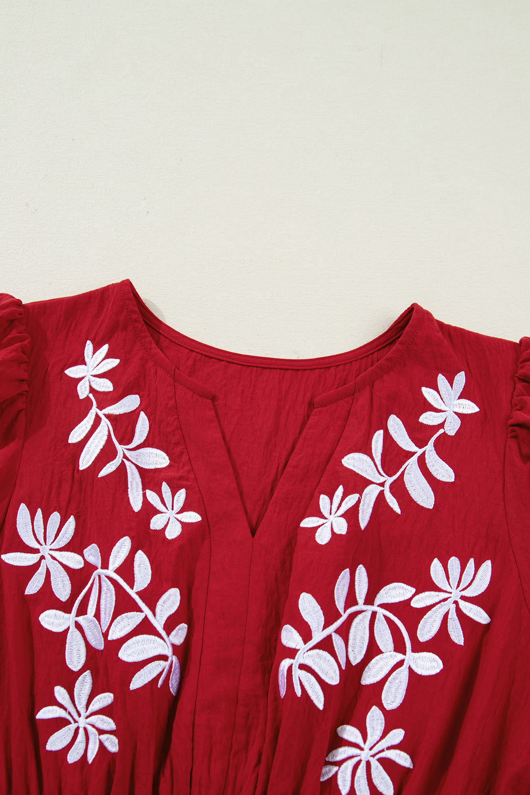 Racing Red Contrast Embroidered Detail Cinched Waist Tiered Long Sleeve Maxi Dress