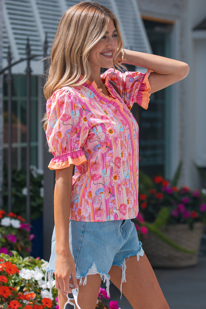 Pink Poppy Flower Striped Print Color Block Trim V Neck Short Sleeve Cotton Blouse