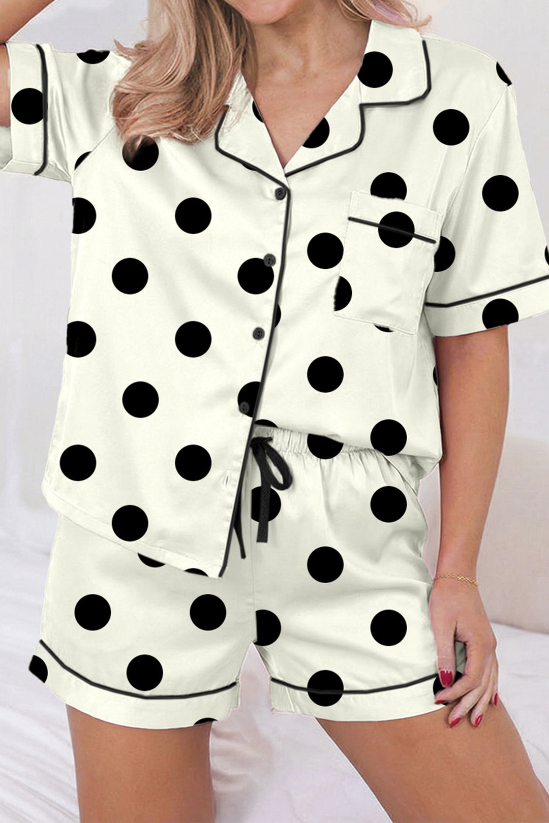 Beige Polka Dot Print Lapel Shirt Drawstring 2pcs Short Pajama Set