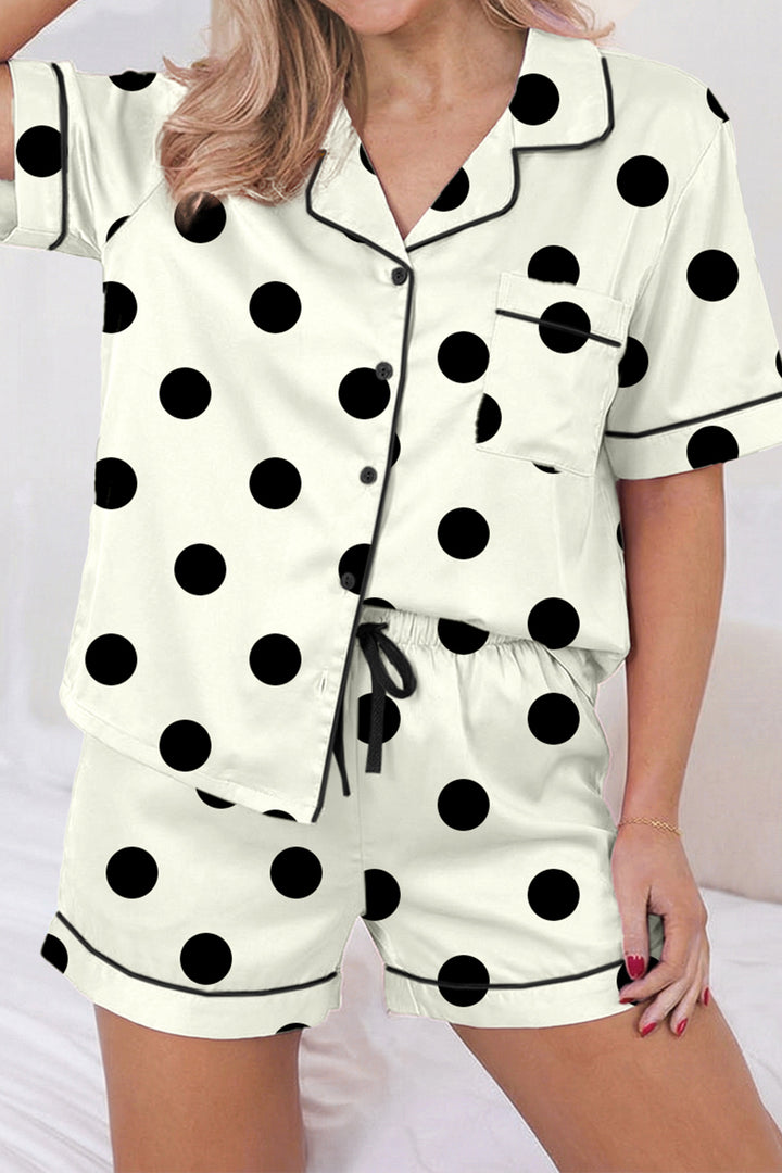 Beige Polka Dot Print Lapel Shirt Drawstring 2pcs Short Pajama Set