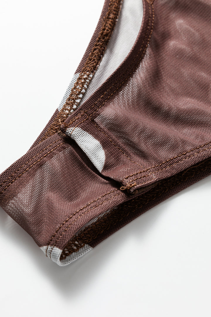 Brown Vintage Polka Dot Print Mesh Long Sleeve Bodysuit