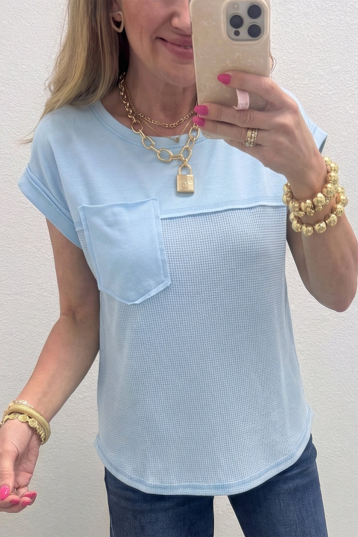 Pink Solid Color Raw Seam Waffled Patchwork Casual T Shirt