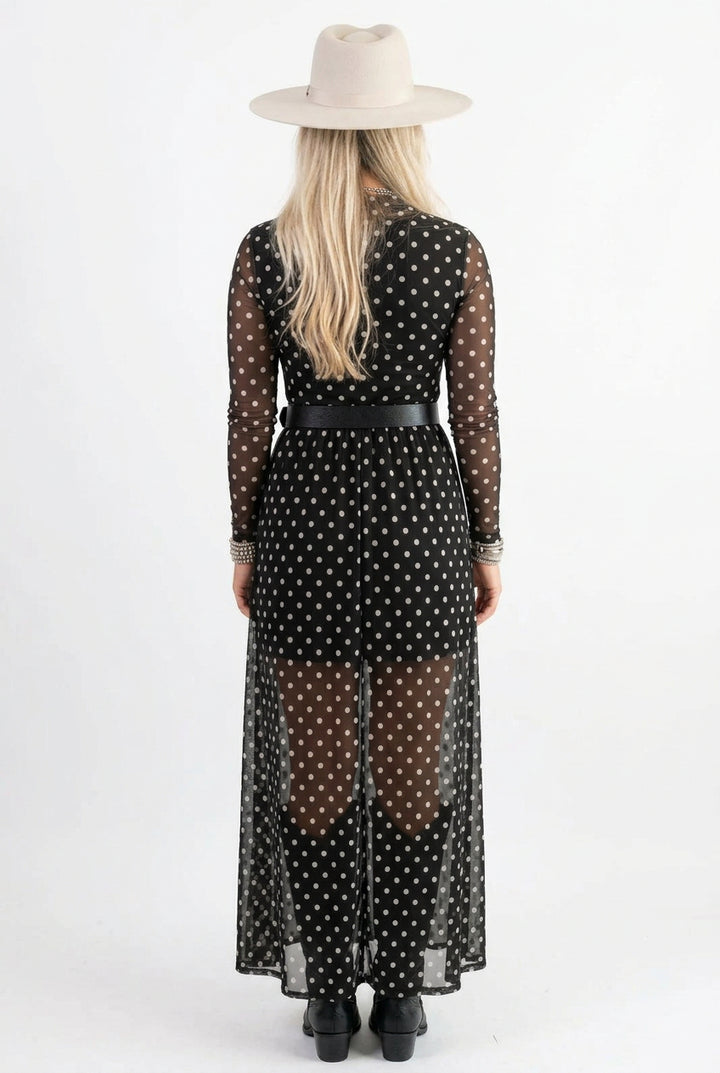 Black Polka Dot Pattern Mesh Long Sleeve Maxi Dress 2pcs Set