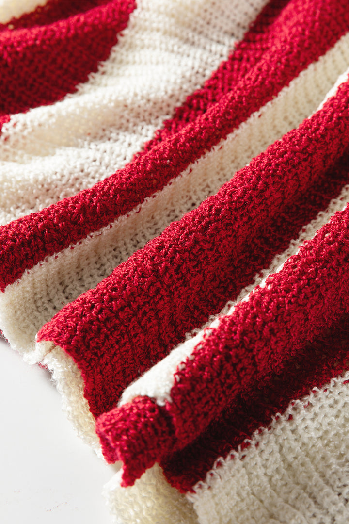 Red Stripe Colorblock V Neck Bracelet Sleeve Sweater