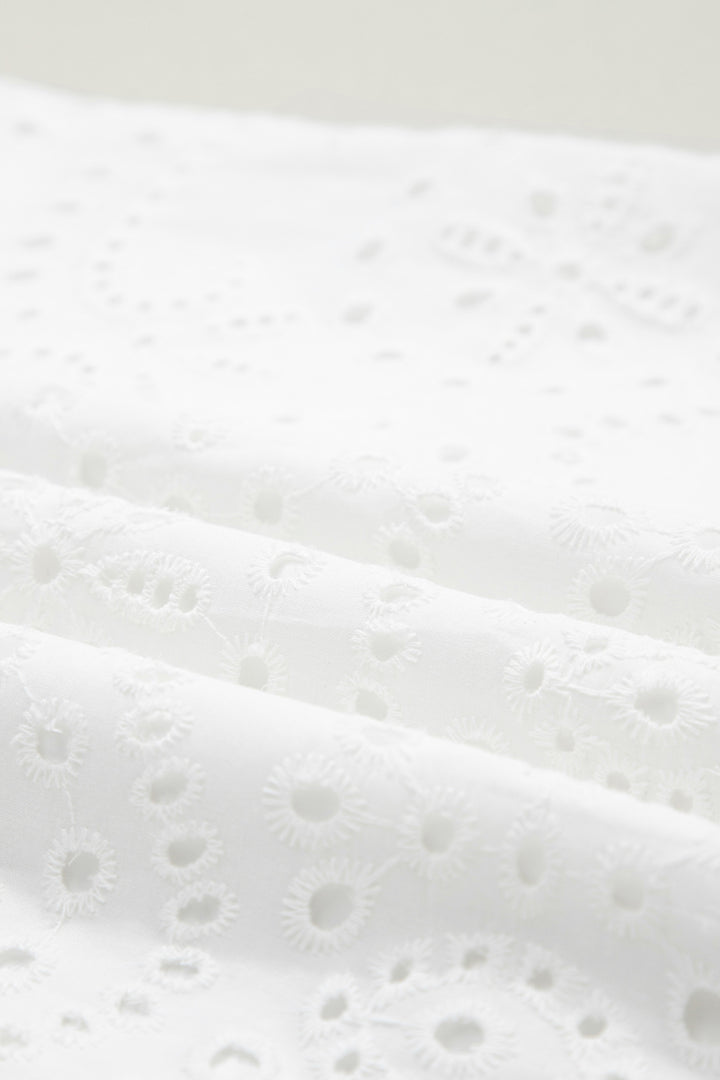 White Solid Color Eyelet Embroidered Cotton T Shirt Mini Dress