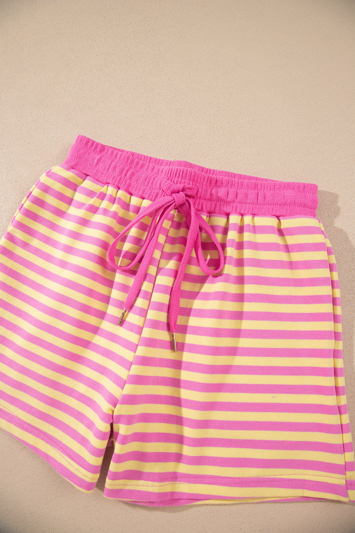 Rose Red Striped Long Sleeve Zip-Up Hoodie Drawstring Elastic Waist 2pcs Short Set