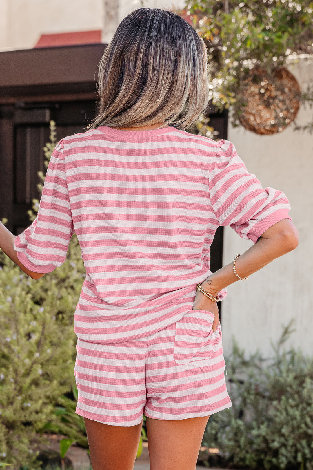 Yellow Stripe Puff Short Sleeve T Shirt Matching Shorts Set