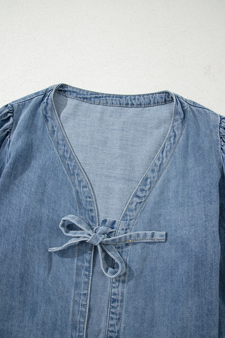 Dusk Blue Bow Tie Front Puff Sleeve Denim Top