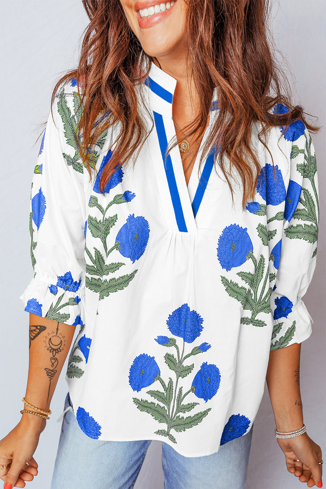 Sky Blue Casual Wild Flower Print V Neck 3/4 Sleeve Blouse