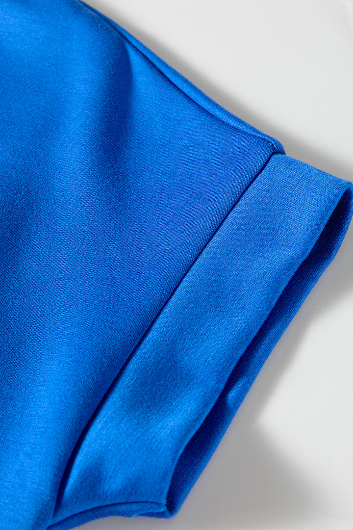 Sky Blue Contrast Frilled Trim Button Collared Short Sleeve Knit Top